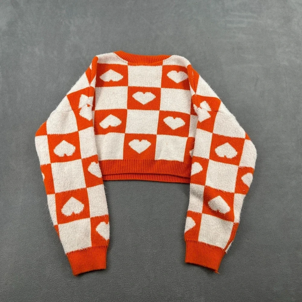 Topshop Cropped‎ Sweater Womens 8-10 White Orange Heart Check Tight Knit Ribbed